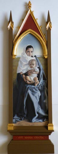 olajfestmény portré, anya gyermekével mint madonna, gótikus keretben